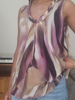 Adiva Abstract Watercolor Tie Neck Blouse XL Sheer Layered Career Top